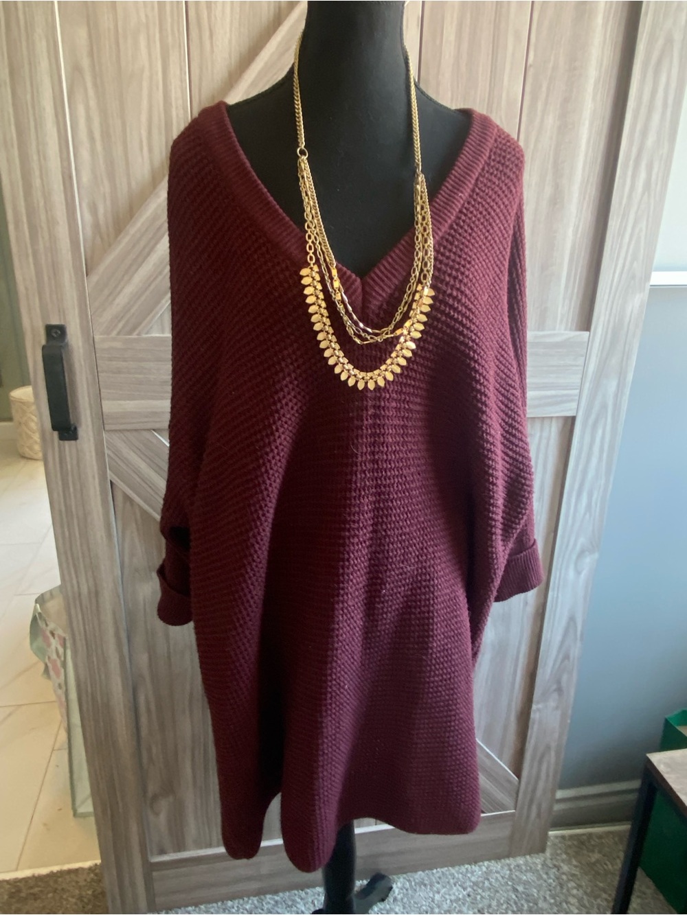 Classic V-Neck Oversized Sweater Dress in Burgundy